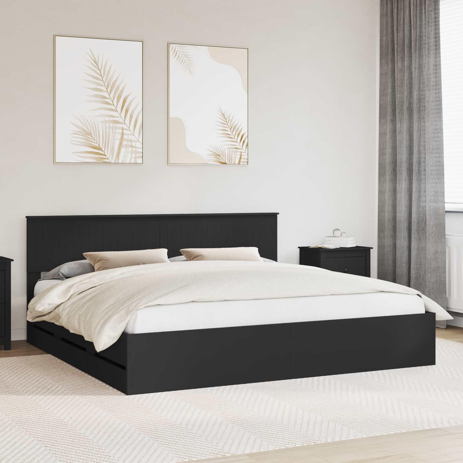 Cadre de Lit avec 6 Tiroirs de Rangement 200x200 cm, Lit Double King Size en Bois d'Ingénierie Noir, Sommier à Lattes et Tête de Lit, Design Moderne pour Chambre à Coucher