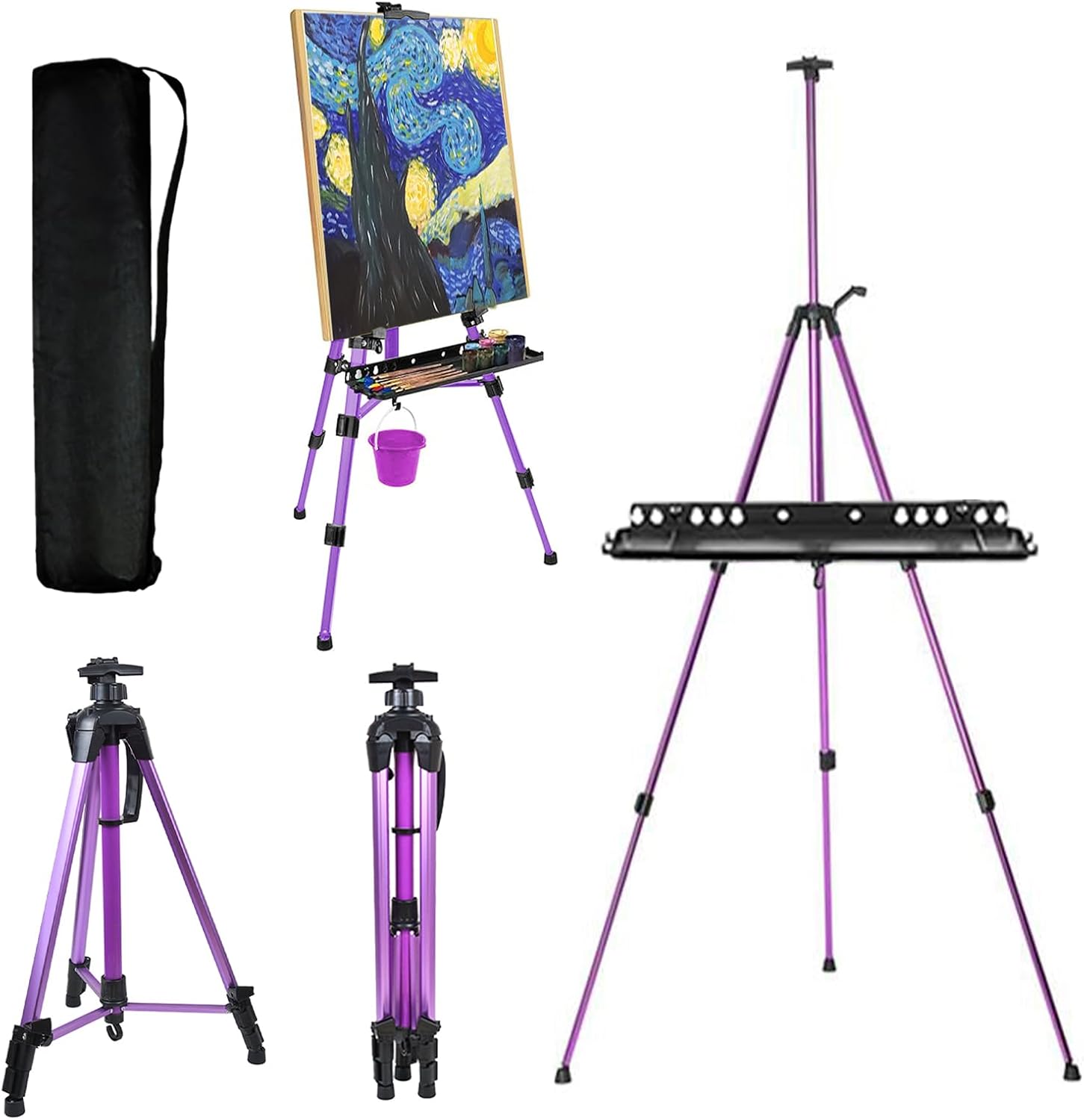 Easel for Painting, Portable & Foldable Easels Stand, Height-Adjustable 22'' to 62'', Equipped with Tray, Water Bucket Hook, Spirit Level, Compass & Carrying Bag for Art Display,Travel - Purple