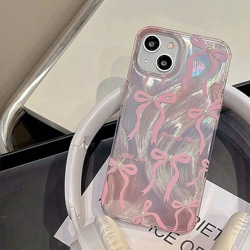 Image of COVERLY Luxury Bow & Pearl Aesthetic Designer Back Cover for iPhone 12 Pro - Slim Shockproof Soft TPU Case with Handcrafted Real Pearl Accents & Coquette Ribbon Art (Blush Pink & Pearlescent White)