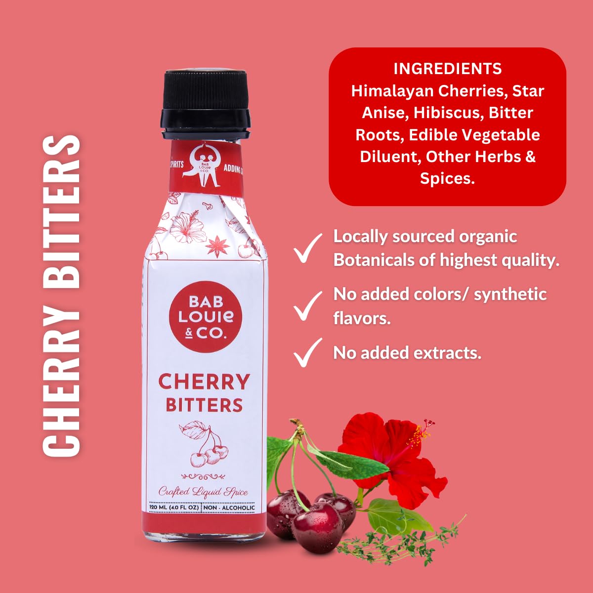 NON - ALCOHOLIC Cherry Bitters for Cocktails Old Fashioned Non-Alcoholic Bitters (120ml/4 Fl. Oz) for Whiskey Sour, Mocktails Gifts for Men, 100% Natural Herbal Mix, Gluten-Free, Made with 15 Herbs
