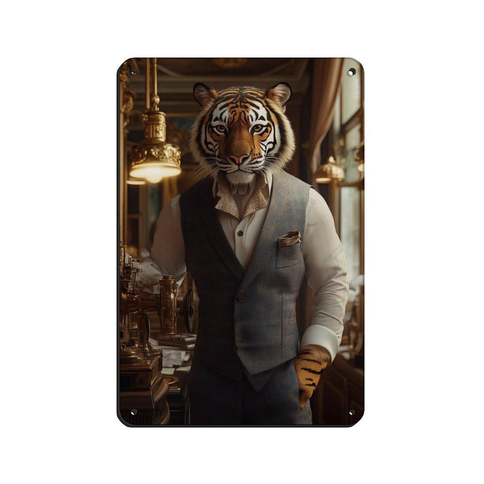 Lxwnze 20L X 30W Cm Majestic Tiger In Suit, Steampunk Tiger Tin Sign Vintage Metal Pub Club Cafe Bar Home Wall Art Decoration Poster Retro 8X12inch(20X30cm)