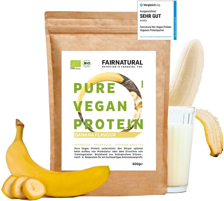 FAIRNATURAL Vegan Protein-Pulver BIO Banane, Veganes Proteinpulver ohne Soja [Regional aus Deutschland] - 5K pflanzliches Proteinpulver » Zum Backen & als Bio Eiweiß-Shake « 600g Bio Eiweißpulver