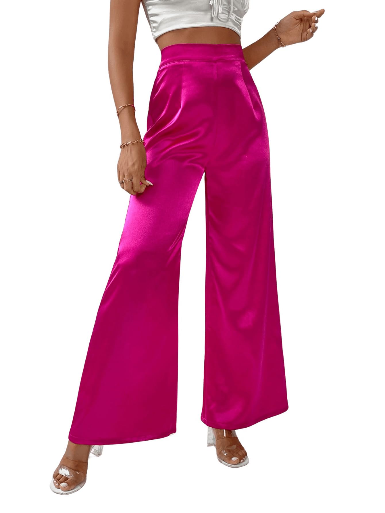WDIRARA Womens Wide Leg High Waisted Zip Fly Flowy Loose Pants Elegant Party Pants