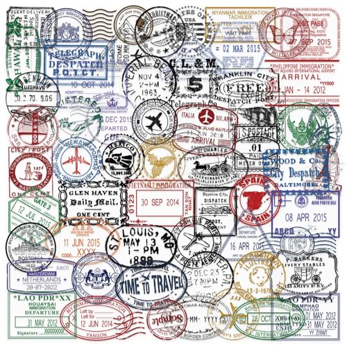 60PCS Transparent Travel Stamp Stickers - Vintage Stamps Passport Stickers for Scrapbooking Water Bottle Journals Clear Postmark Sticker for Scrapbooking