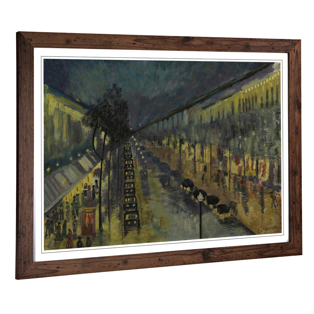 Big Box Art Framed Print of Camille Pissaro Paris, The Boulevard Montmartre at Night Design | Wall Art Picture| Home Decor for Living Room, Bedroom, Office, Walnut, A2 / 24.5x18 Inch / 62x45cm