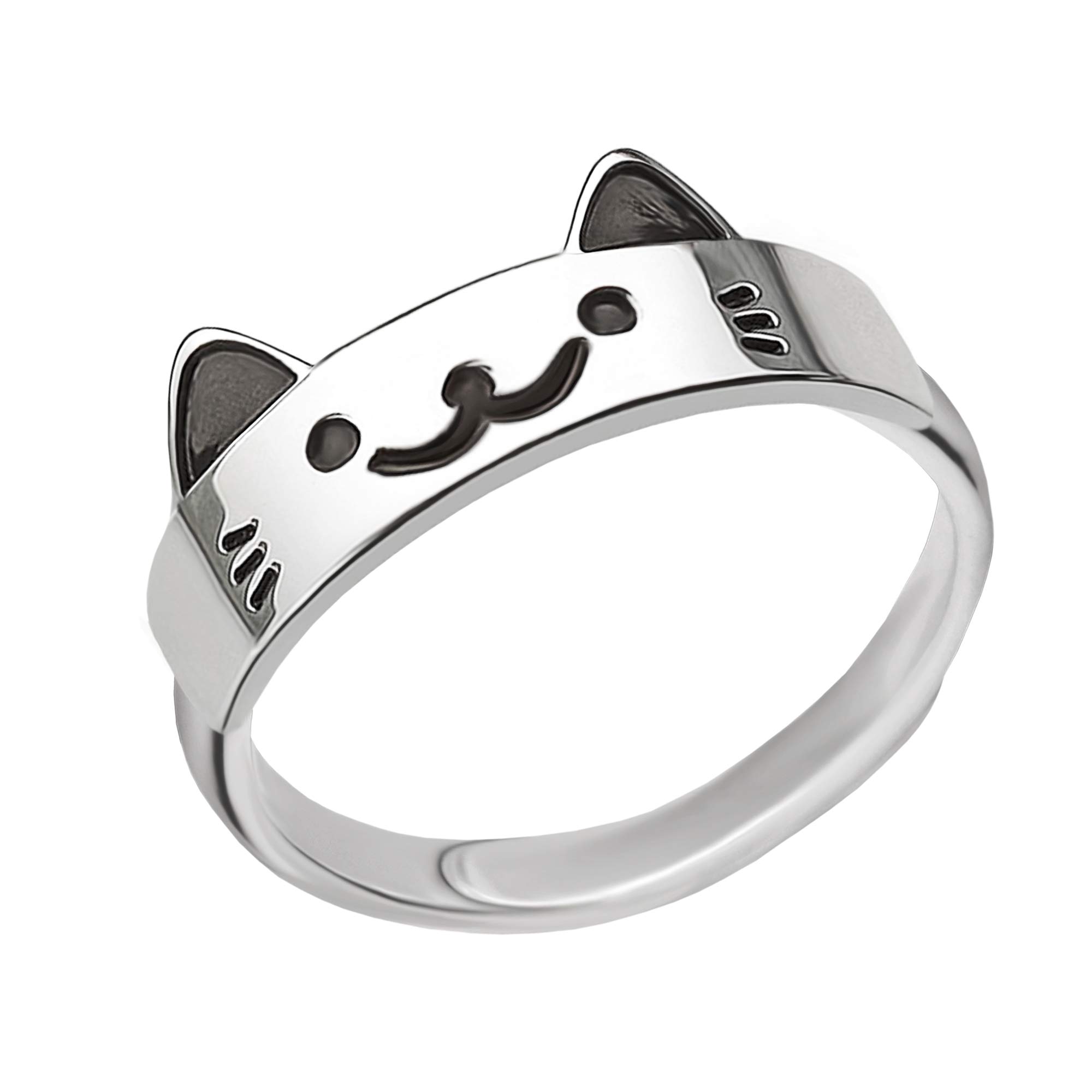 Clever Schmuck Bague en argent sterling 925, avec un motif de visage de chat amusant et en partie noir laqué, brillant, dimension universelle ajustable, pour enfants : filles, dans un étui rose