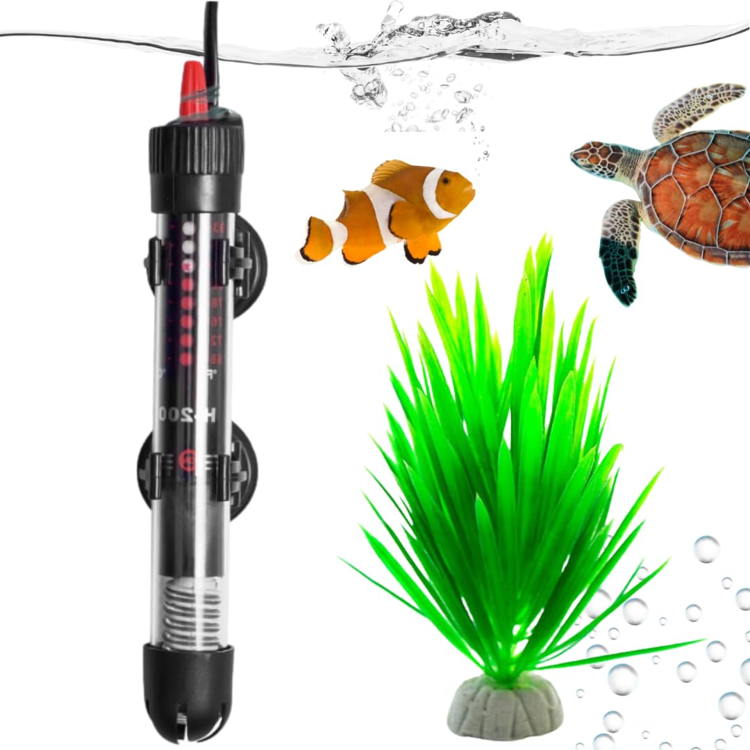 Calentador DE Acuario Sumergible [ 30 litros - 25 W ]+ Planta ACUÁTICA Sumergible- Apto para Tortugas DE Agua Y PECERAS - TERMOSTATO DE AQUARIO - Calefactor Acuario Vidrio DE Cuarzo Seguro (20-34°C)