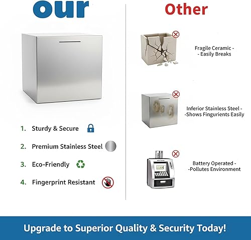 Miniatura 3 de La alcancía para adultos más grande hecha de acero inoxidable para adultos debe romperse para abrir, caja de ahorro para dinero en efectivo (plata,