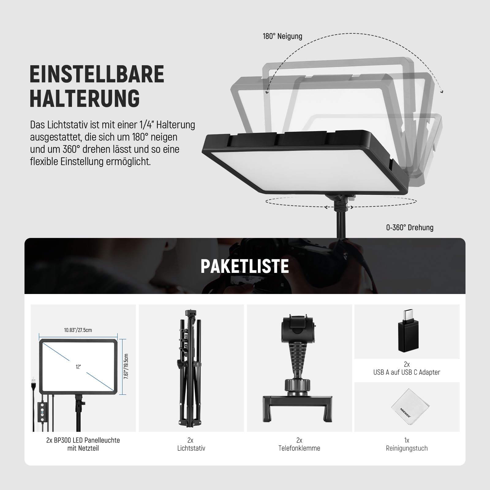 NEEWER Basics 2 STK. LED Panel Videolicht Set, Bi Farbe 2700-6500K Dimmbare Studiolicht mit 2,59'' Stativständern & 2 Handyhalterungen, 850lux für Fotografie Filmen Aufnahme Streaming, BP300