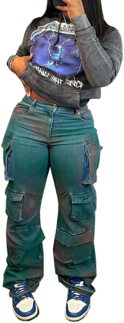Women's Baggy Cargo Pants Y2K High Waisted Street Wide Leg Jeans Trendy Streetwear Trousers with Multi Pockets