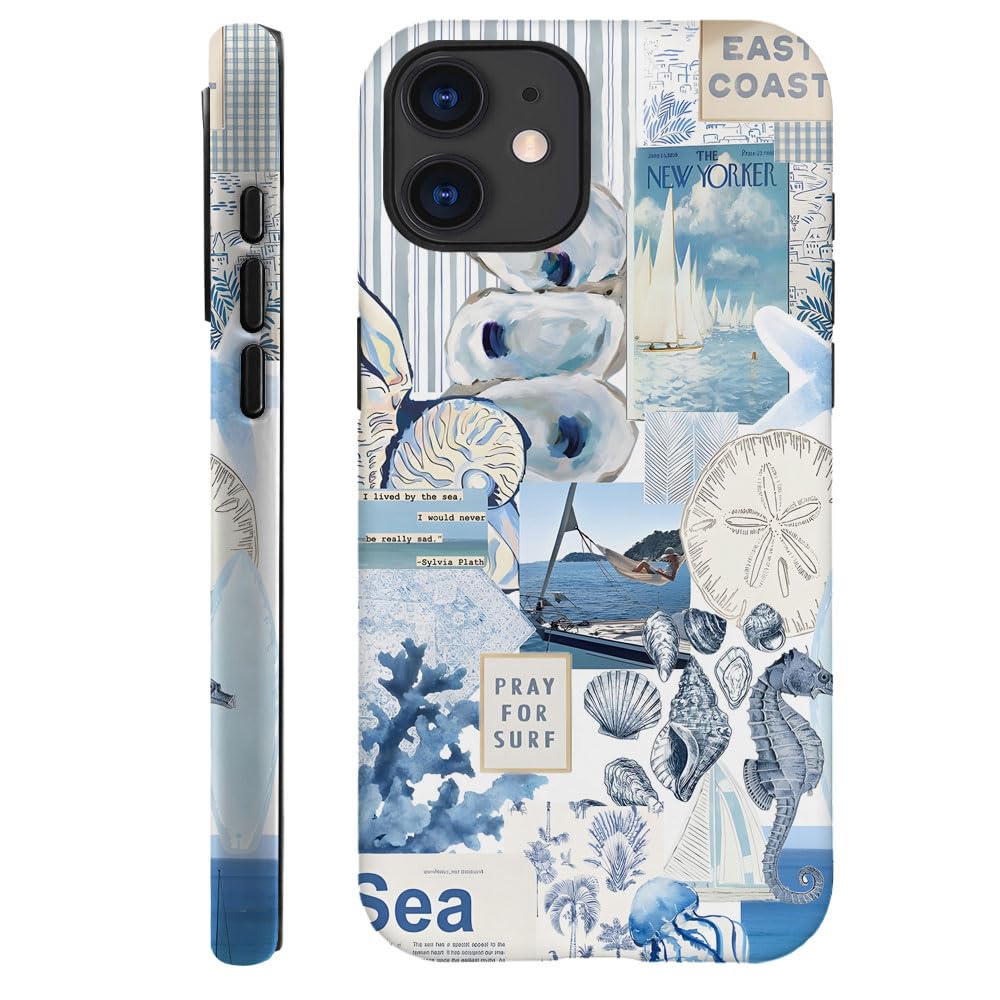 TnXee Case Compatible with iPhone 12,Fall Prevention Hybrid 2-Layer Hard Shell Cases for Girls Boys,Seashell Ocean Blue Retro Collage
