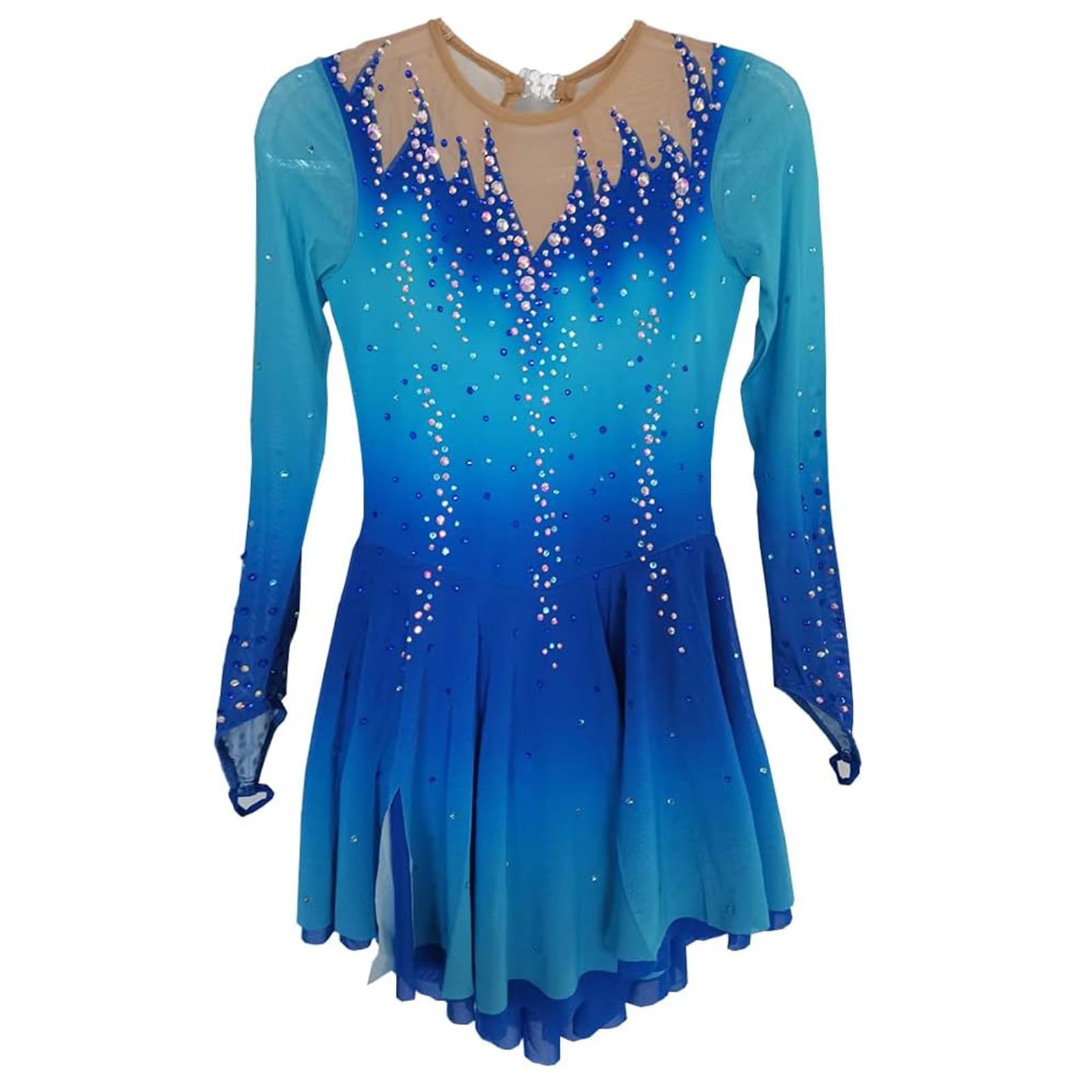LIUHUO Eiskunstlaufkleid mit Langen Ärmeln, Netz-Rock, für Mädchen, Wettkampf-Performance, Blau