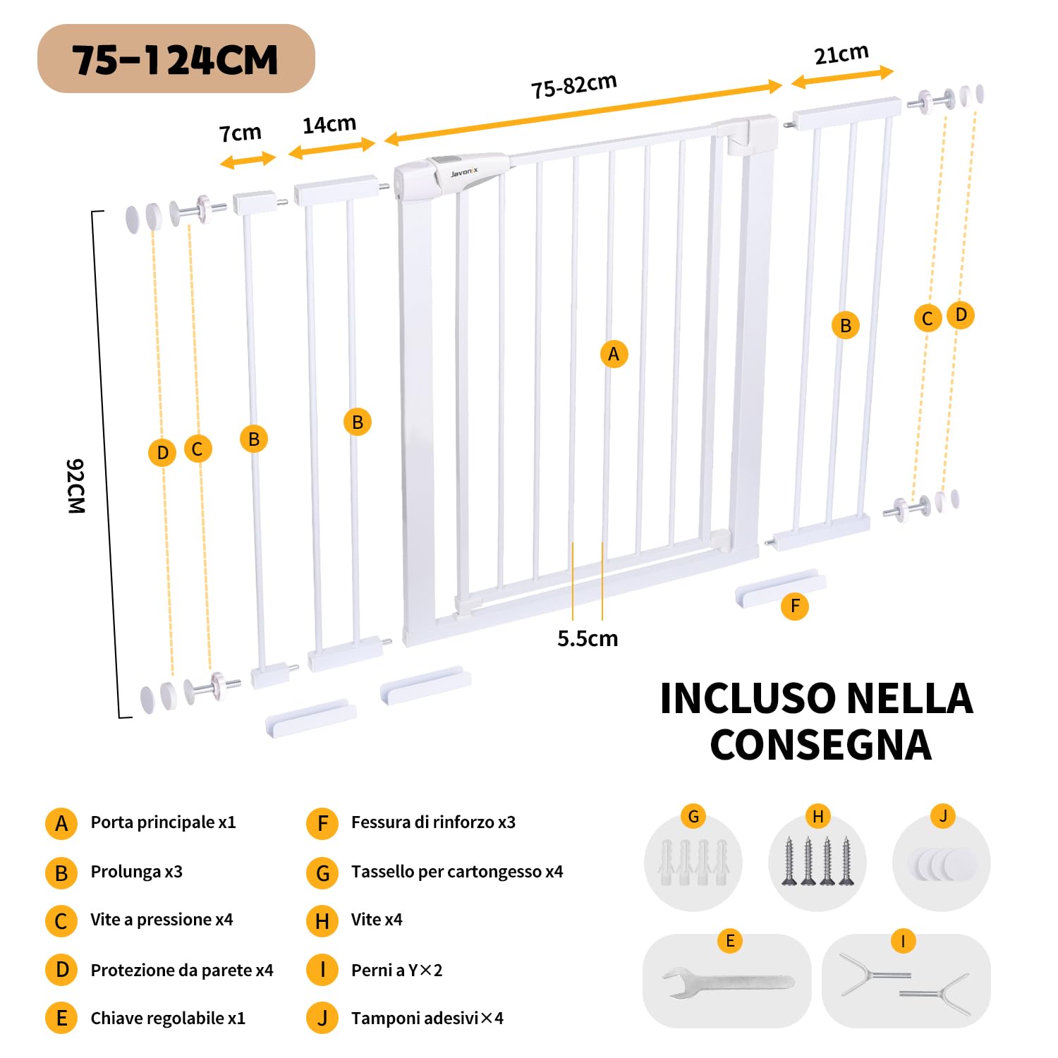 Javonix cancelletto per bambini, Cancelletto per scale senza trapano, altezza extra alta 92 cm, larghezza 75-124 cm con 3 estensioni, per bambini, cani gatti, chiusura automatica arresto a 90°-Bianco