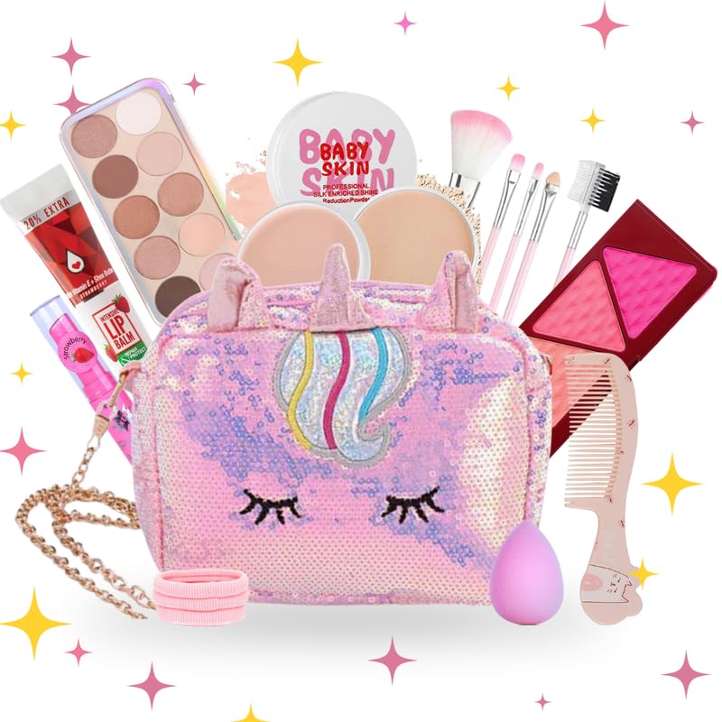 Linivya Kids Real Makeup Kit for Girls & Teens | 18-Piece Washable Set with Unicorn Glitter Pink Bag | Safe | Non-Toxic Gift for Ages 6-16