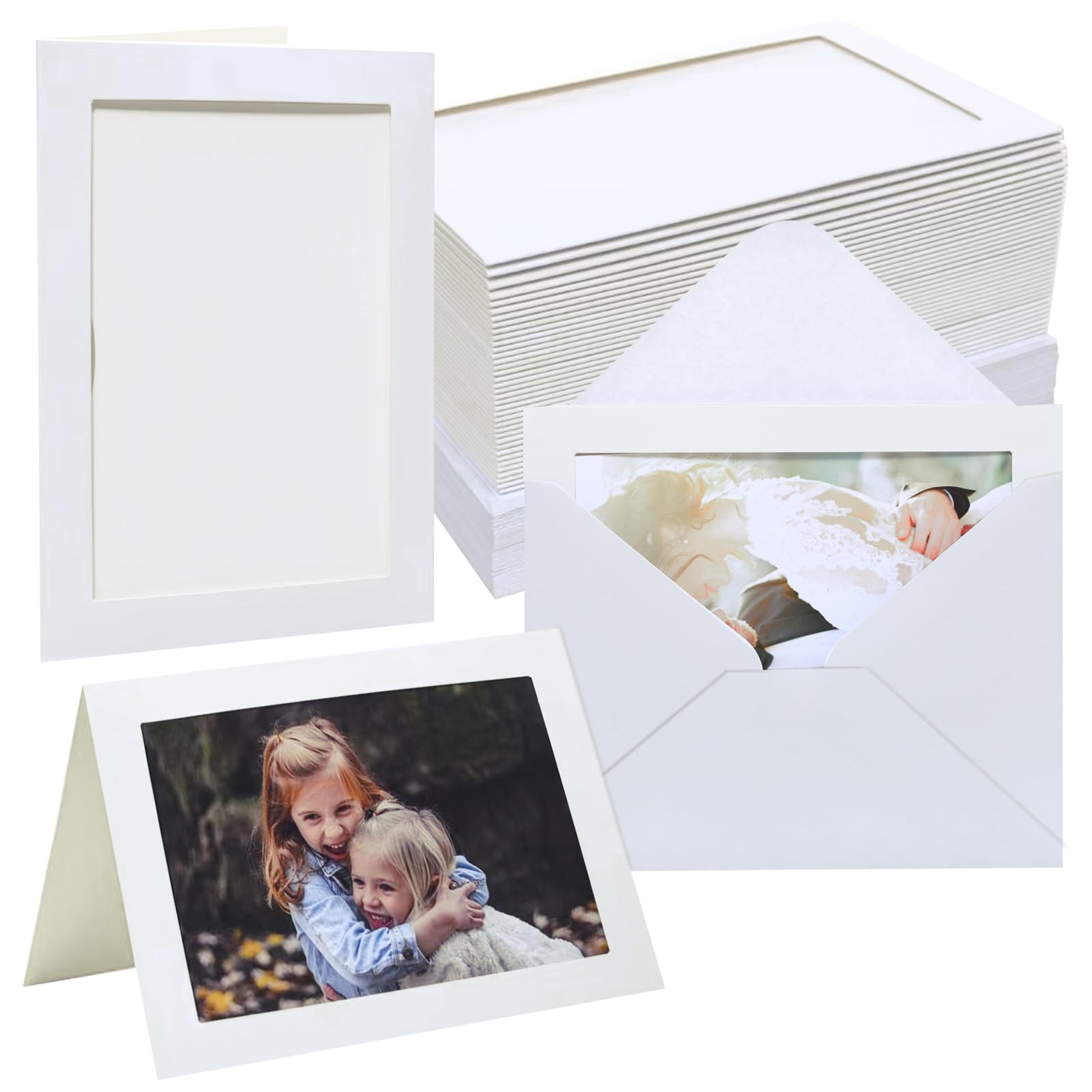 Meonua Photo Frame Cards 4x6 with Envelopes,Blank Photo Card Holder and Envelopes,Paper Picture Frame for Chirstmas, Wedding, Birthday,Graduation (White, 50 Pack)