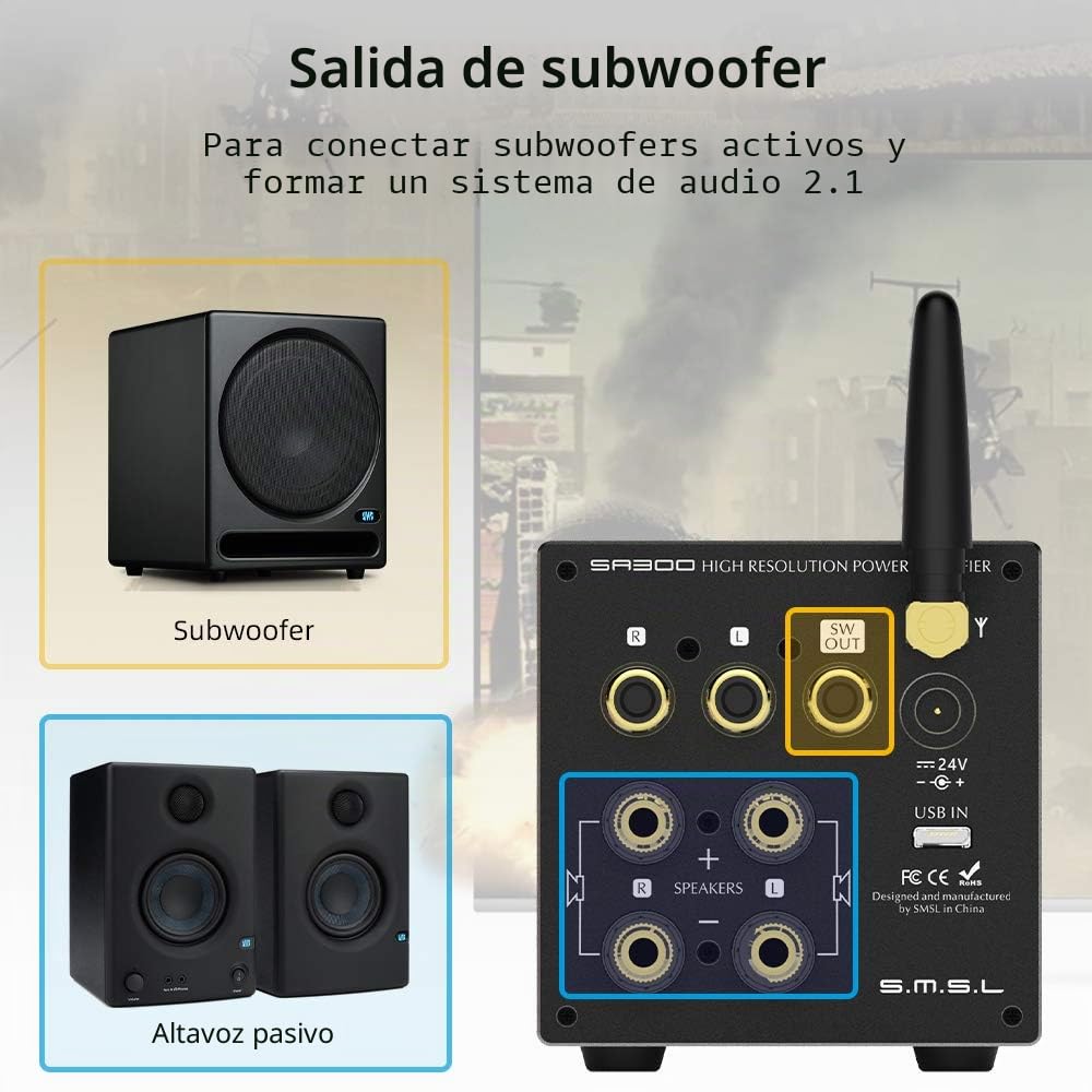S.M.S.L SA300 Amplificador digital de alta fidelidad amplificador de potencia de 80 W x 2 con chip MA12070 de Infineon, entrada RCA USB Bluetooth 5.0 APTX, múltiples modos de ecualización