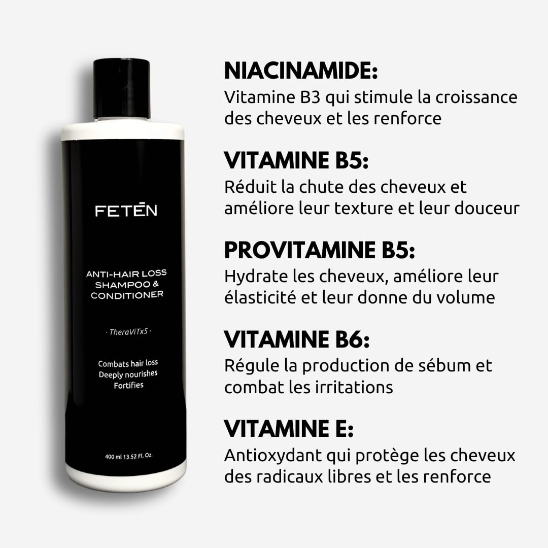 FETEN Shampooing Antichute et Antipelliculaire pour Cheveux d' Homme 400ml, Prévention de la Chute, Volume et Nutrition, Shampoing pour la Repousse des Cheveux, Shampoing Purifiant et Fortifiant
