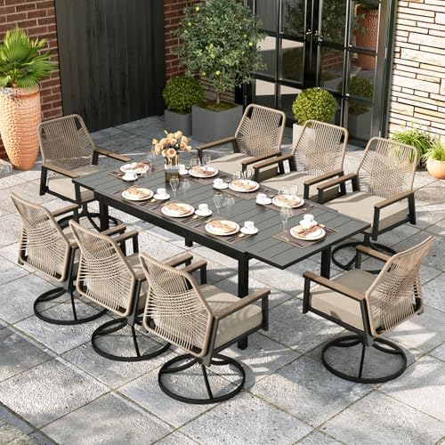 Image of MIXPATIO Swivel Patio Dining Set, Extendable Metal Table, 8 Rattan Chairs | 84 inch outdoor rectangular table, wicker 3.2 inchcushion chairs. Waterproof, rust-resistant, all-weather for yard, porch