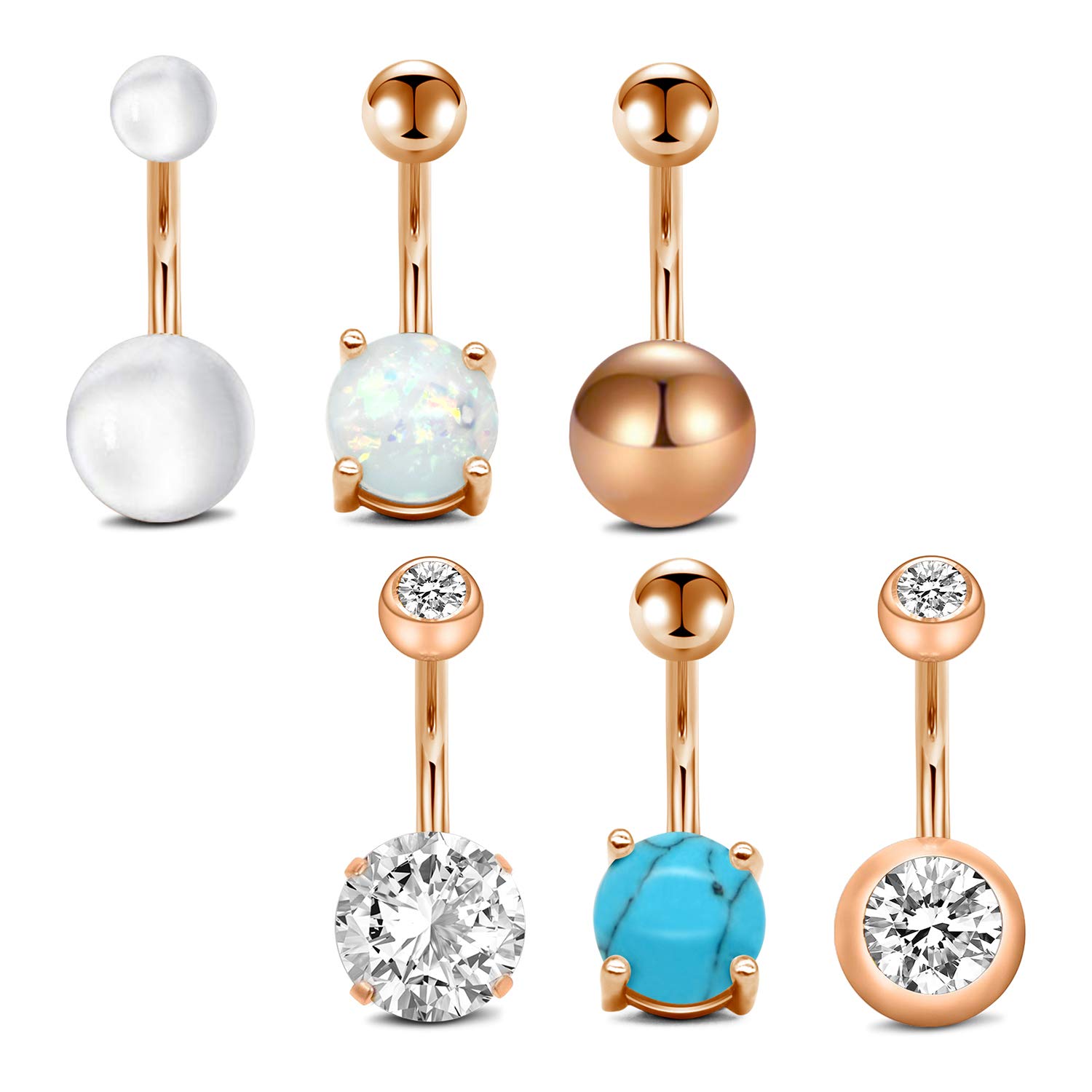Belly Button Rings Navel Rings Surgical Steel 14G Navel Piercing Barbell for Women Girls Opal Pearl Short Belly Button Piercing Bar CZ Body Jewelry 1/4" 3/8" 6mm 10mm Pack