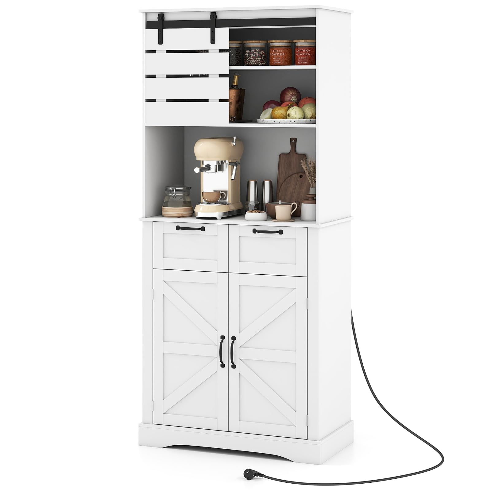 COSTWAY Küchenschrank Holz, Buffetschrank mit Steckdose, 2 Türen, 2 Schubladen & Arbeitsplatte, Hochschrank Vorratsschrank, Aufbewahrungsschrank für Küche & Wohnzimmer, 80 x 40 x 180 cm, Weiß
