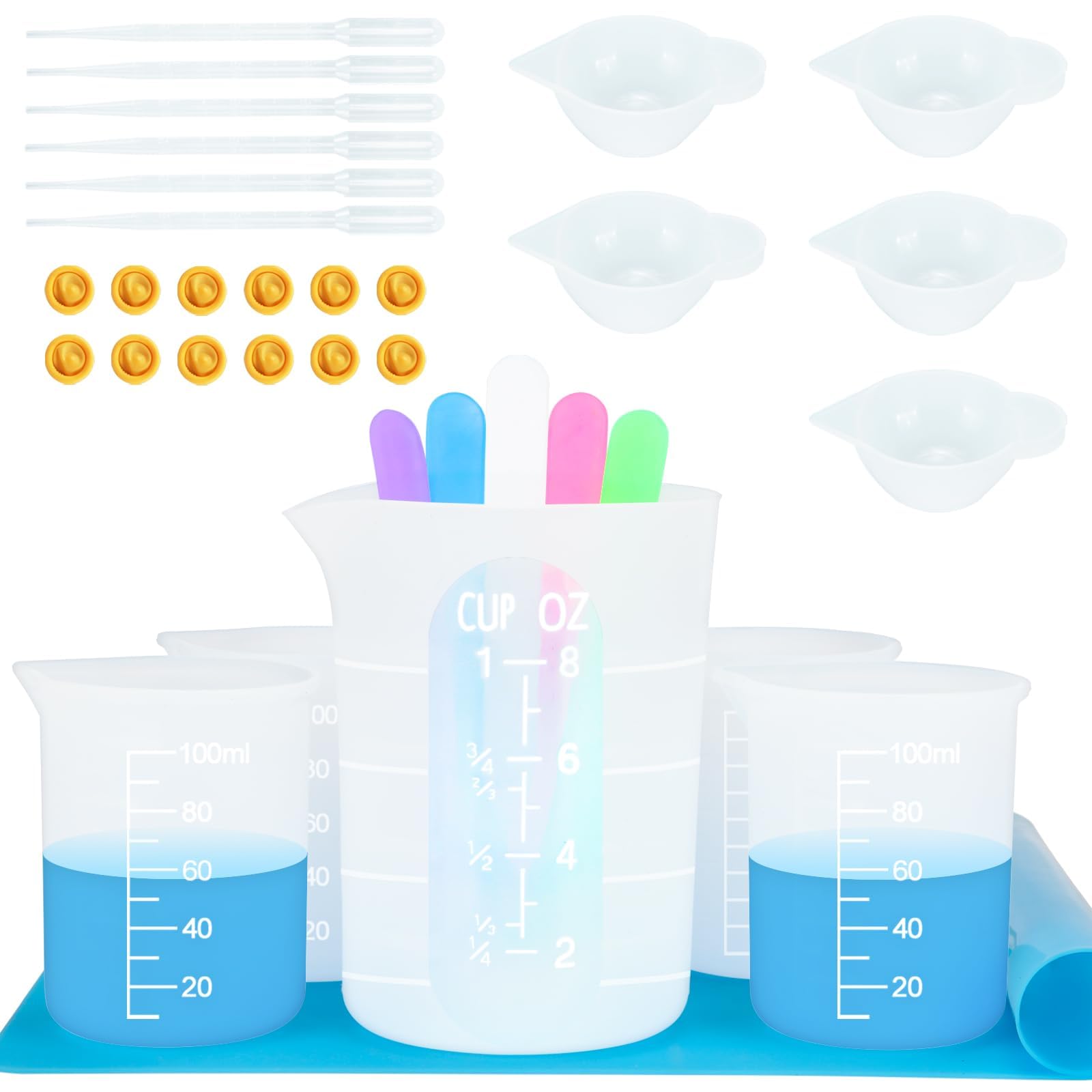 Creahaus Silicone Measuring Cups Tool Kit for Resin, Non-Stick 250 & 100ml Epoxy Mixing Cups, Reusable Resin Supplies with Silicone Mat, Stir Sticks, Pipettes, Cups for Molds, Jewelry Making
