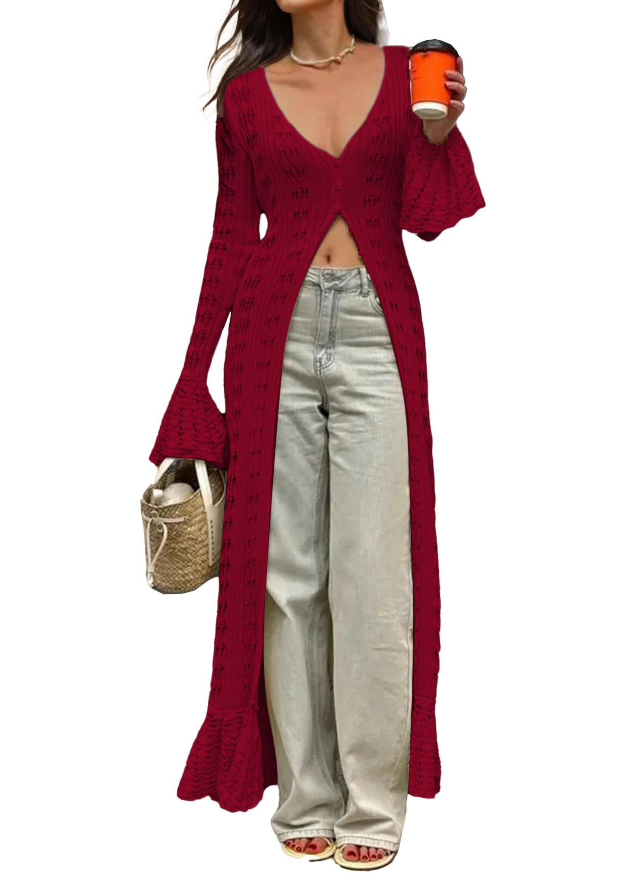 NRTHYE Women Long Crochet Cardigans Button up Knit Hollow Out Elegant Duster Sweaters Cover Up Maxi Dress