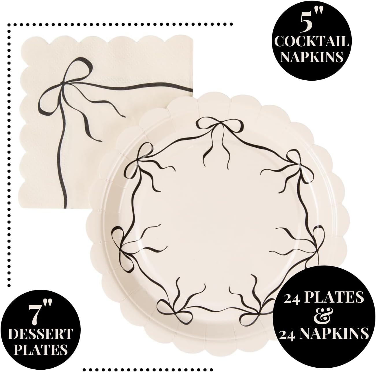 Black Coquette Bow Dessert Plates and Napkin Party Set | 48-Pack | For Black Bow Theme 30th Birthdays, Bridal Shower, and She's Tying the Knot Bachelorette | Premium Quality - Image 2