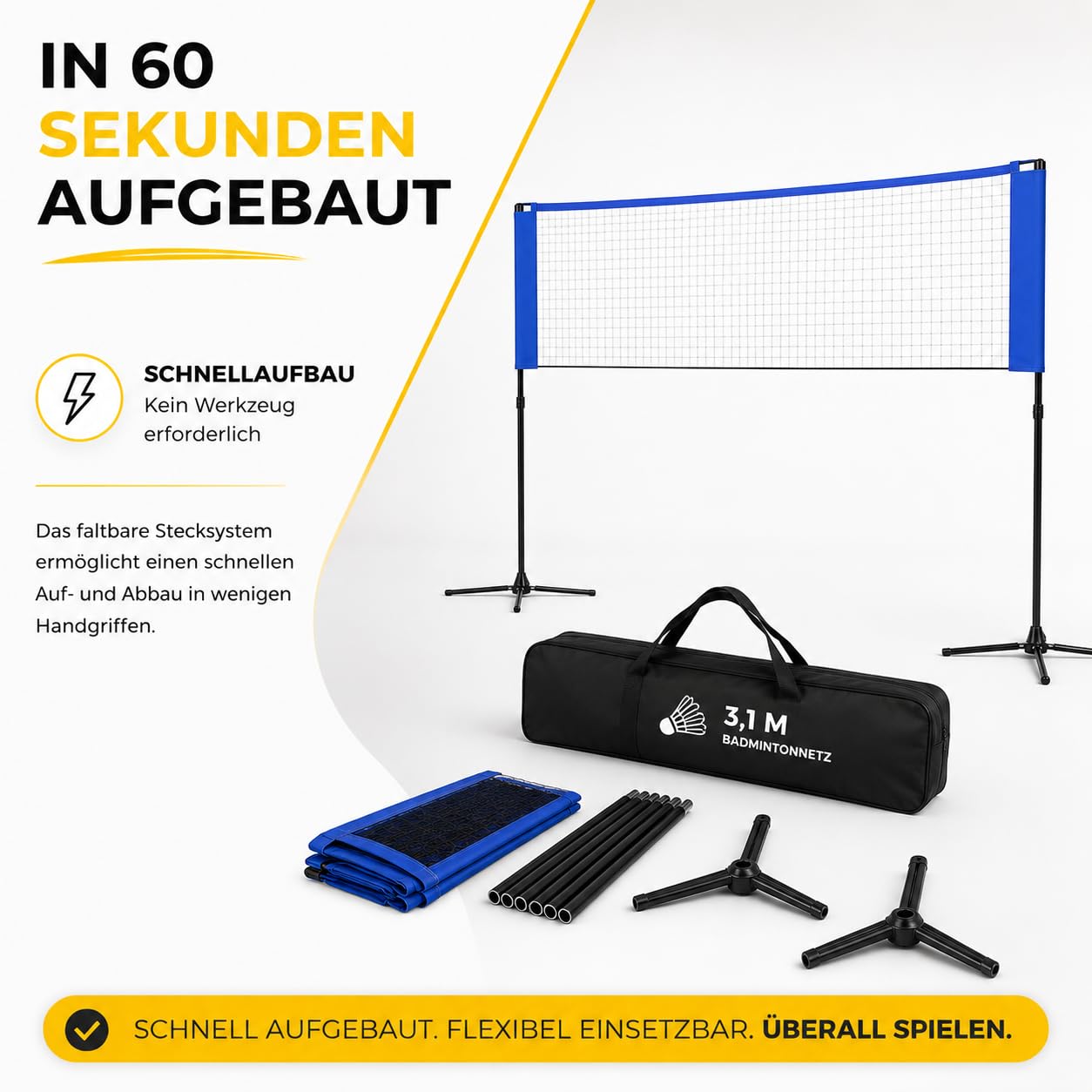 3,1 m faltbares Badmintonnetz - mit Tragetasche und höhenverstellbarem Ständer 107/105/150 cm Nylon Federballnetz für Federball Badminton Tennis Volleyball Beachvolleyball einfach auf und abbaubar