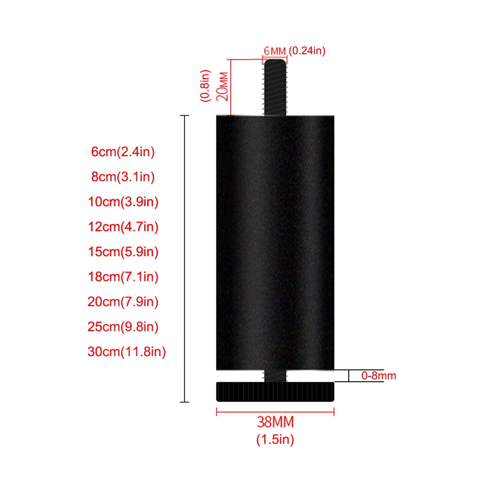 4 gambe regolabili per mobili, piedini in metallo, resistenti, in lega di alluminio, per divano e letto, altezza da 6 cm a 30 cm, M6 (15 cm), colore nero, perfette per casa e ufficio.