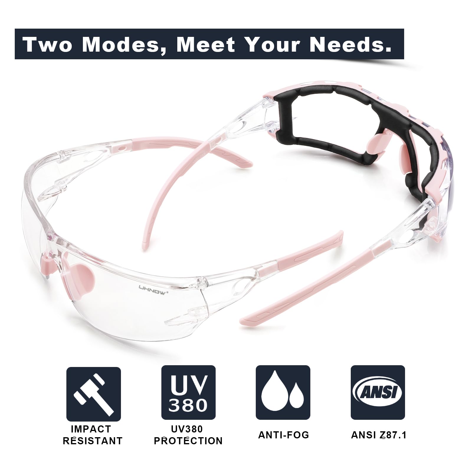 UKNOW Lunettes de sécurité – Verres enveloppants anti-buée – Joint en mousse amovible – Lunettes de protection ANSI Z87.1 – Résistant aux chocs