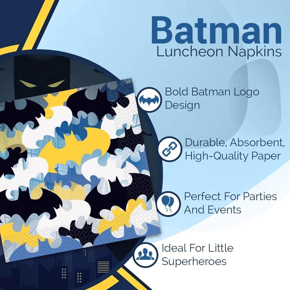 Unique Batman Paper Luncheon Napkins (Pack of 16) - Multicolor Party Napkins, Perfect for Kids Birthday & Celebrations