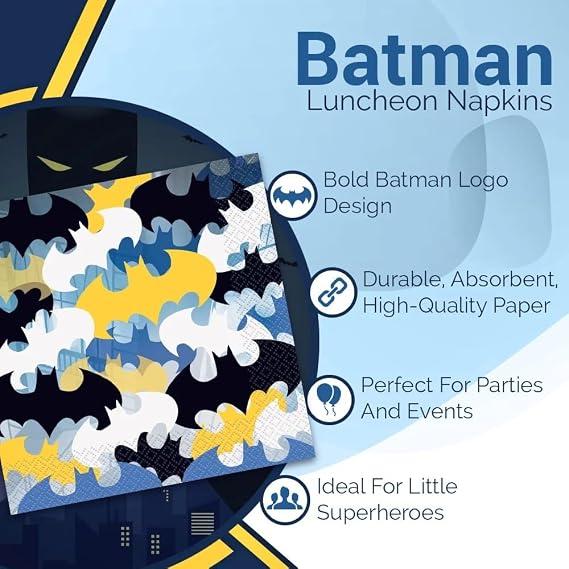 Unique Batman Paper Luncheon Napkins (Pack of 16) - Multicolor Party Napkins, Perfect for Kids Birthday & Celebrations