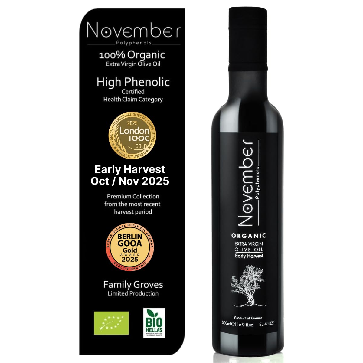 November Polyphenols Olive Oil Extra Virgin - Organic High Phenolic EVOO – Early Harvest – Lab Certified +1200mg/kg High Polyphenol – Cold Pressed Extra Virgin – Greek – 500ml Bottle