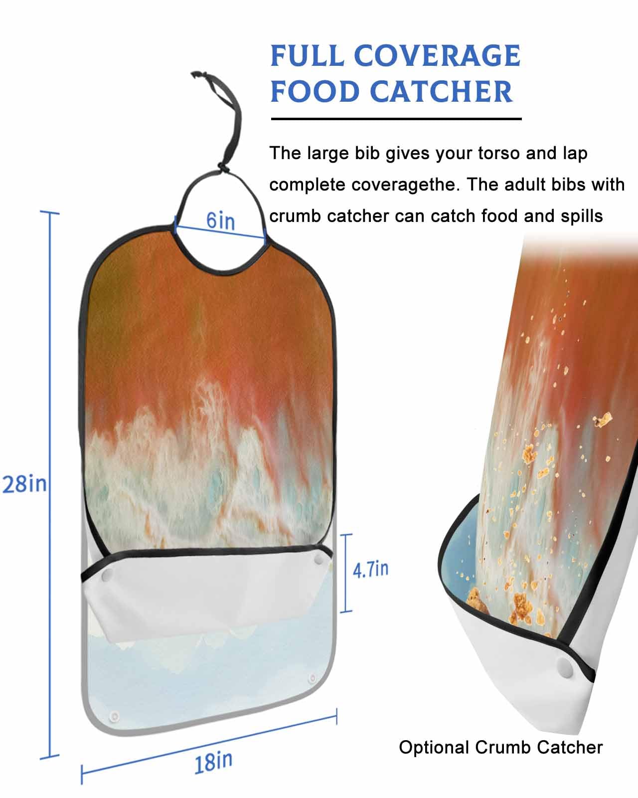 LEOKOTI Orange Coastal Adult Bibs for Eating, Waterproof Bibs with Food Catcher & Adjustable Snap Closure, Summer Beach Seaside Ocean Nautical Washable Clothing Protectors Adult Bibs for Elderly