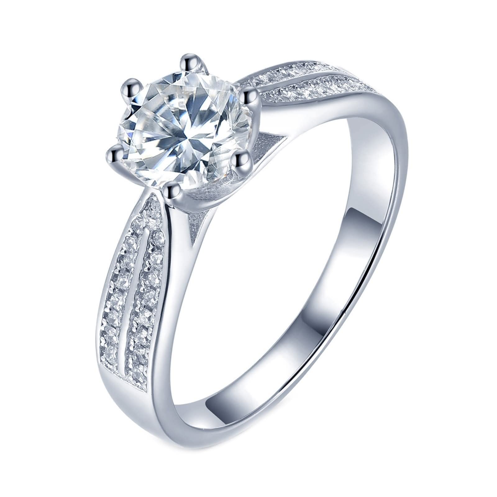 Juego de Anillos de Compromiso, Anillos Plata Mujer Diseño de Solitario de 6 Puntas. con Blanco Redonda Moissanita Plata de Ley 925