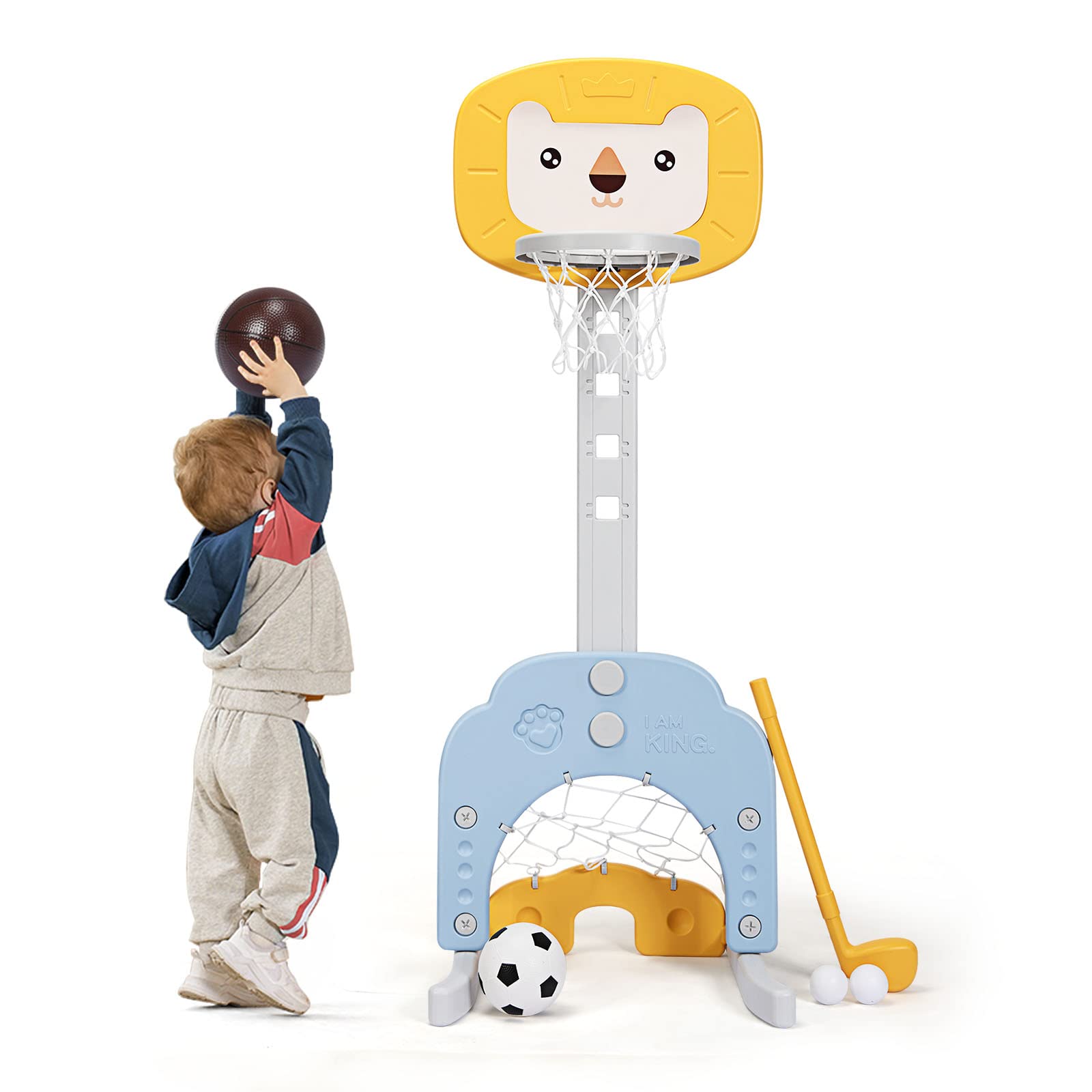 AKUSTIK 3 in 1 Toddlers Basketball Hoop Stand, Adjustable Height Sports Center with Basketball Soccer Golf Game Set, Portable Indoor Outdoor Activity Playset Gift for Kids 1-3