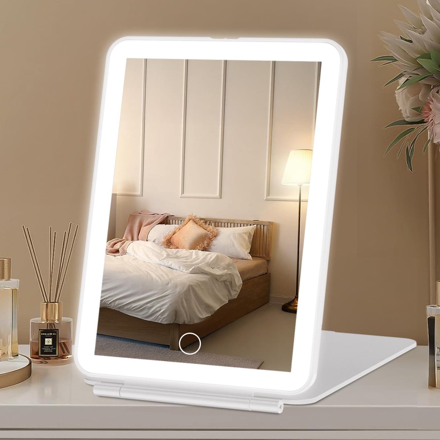 FASCINATE Kosmetikspiegel mit Beleuchtung, Wiederaufladbarer LED Schminkspiegel mit 3 Lichtfarben, Vergrößerungsspiegel Helligkeit einstellbar