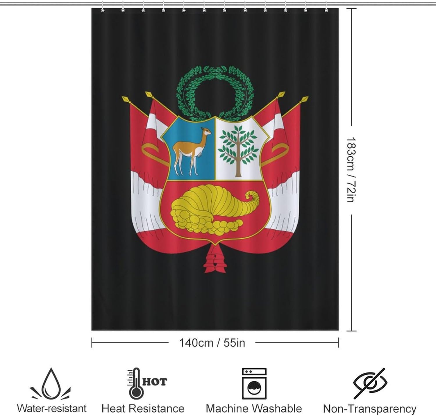Coat of Arms of Peru Funny Shower Curtains Washable Bath Curtain Liner with Hooks for Bathroom Bath Tubs 55x72Inch（140x183cm）