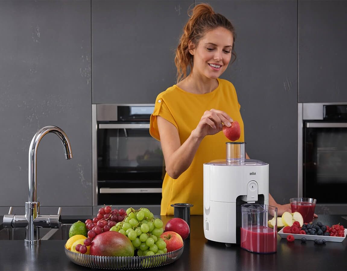 Braun PurEase SJ 3100 WH sokowirówka do samodzielnie wykonanych soków, duży otwór do napełniania całych owoców, z technologią ColdXtract do utrzymania witamin, 500 W, biała