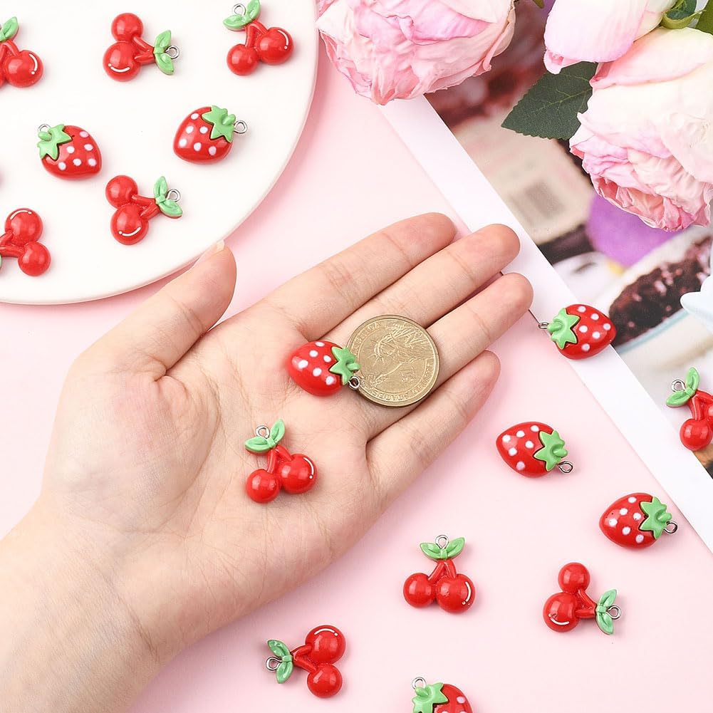 SUNNYCLUE 1 Box 20Pcs Resin Strawberry Charm Red Cherry Charms Bulk 3D Fruits with Iron Loop Strawberries Cherries Pendants for Jewelry Making Supplies Earrings Necklaces Bracelet Keychains DIY Crafts - Image 4