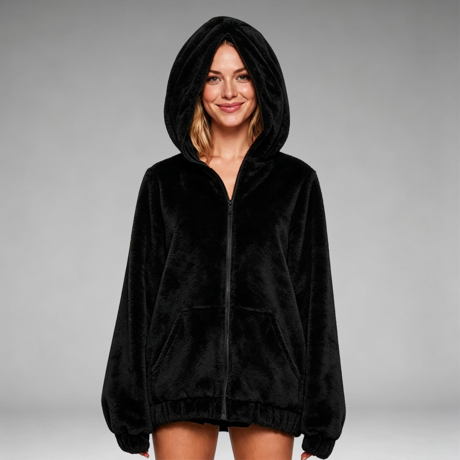 Felpa con Cappuccio e Zip in Velluto, Maniche Lunghe, vestibilità Oversize, Giacca in Velluto con Tasche Felpe Felpate