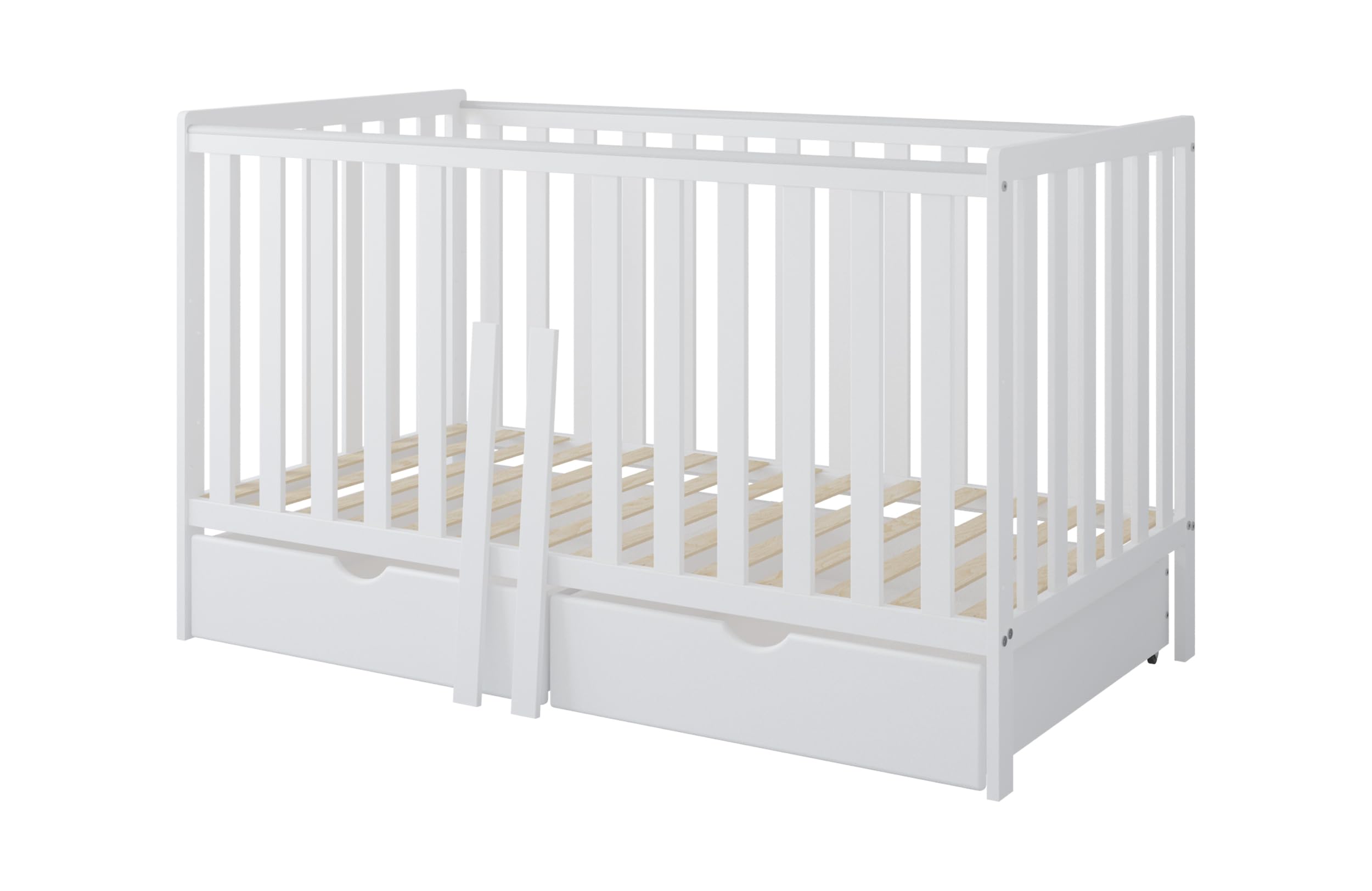 zee Cuna Bebé 140x70 cm Bambi 2 en 1 Convertible en Cama Infantil Blanco con 2 Cajones Protección Mordida Ajustable 3 Alturas Cuna Madera