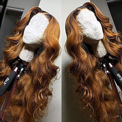 Fugady Hair Ombre Brown Long Loose Wavy Wigs With Bangs Honey Blonde Synthetic Wigs With Black Roots Pastel Natural Curly Cosplay Wigs Heat Resistant Fiber Full Machine Made Party Daily Halloween Wig