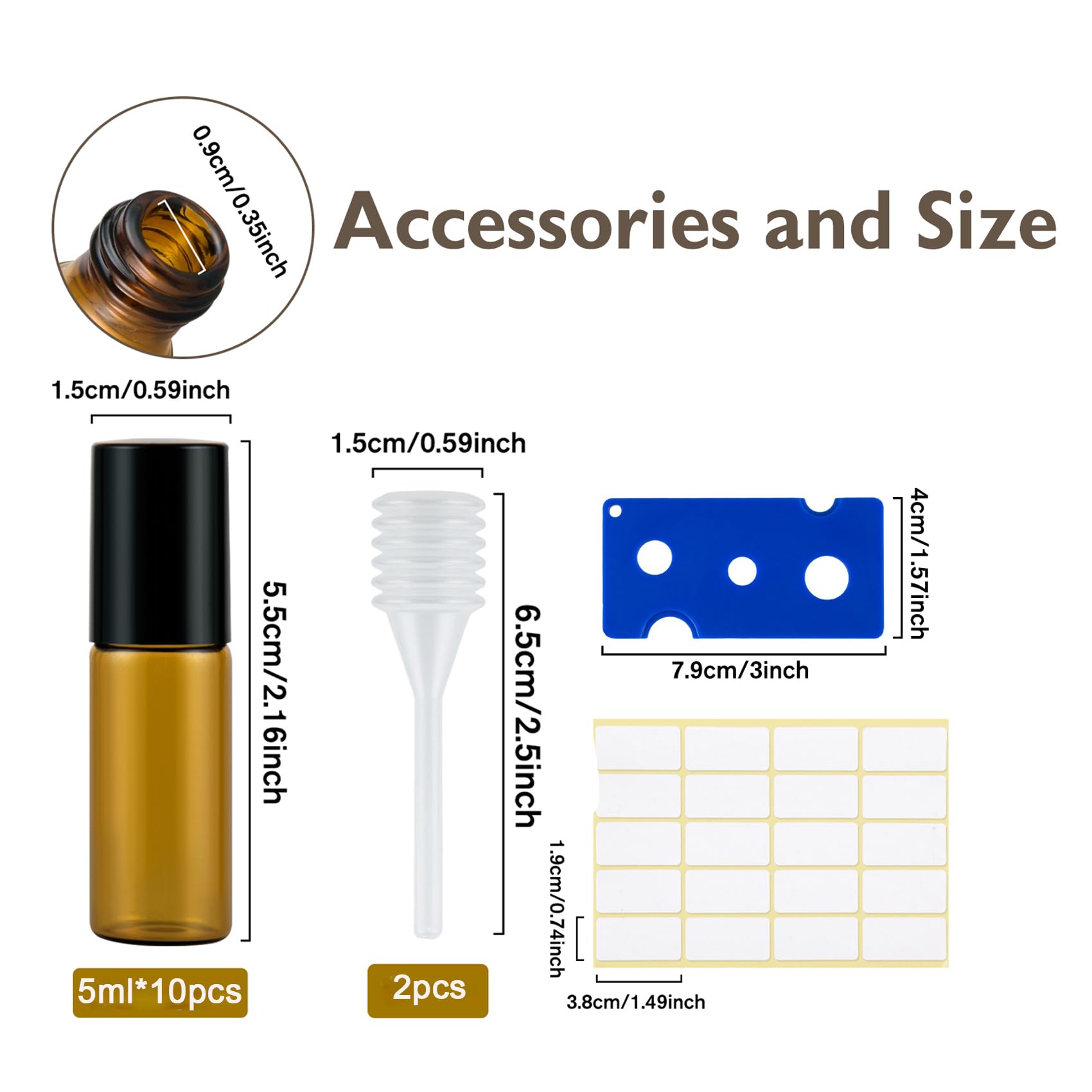 10 bottiglie di vetro Roll On per olio essenziale, 5 ml, mini bottiglie Amber Rollon, vuote con apertura, etichette e pipette, profumo, massaggi