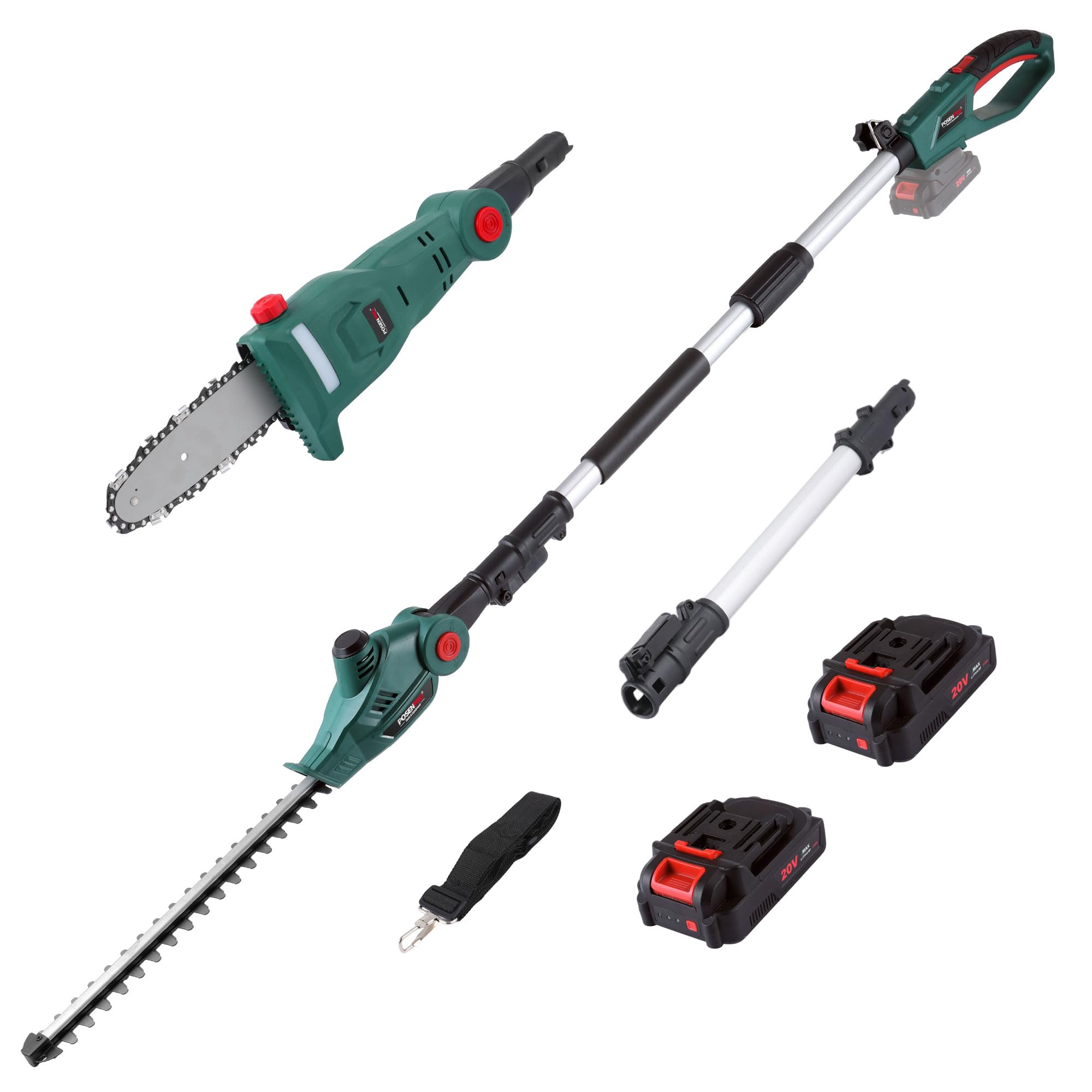 POSENPRO 20V 2-in-1 Cordless Pole Saw & Hedge Trimmer Combo, 8" Electric Chainsaw with 2×2.0 Ah Batteries, 450MM Extension Pole, Bush Tree Pruner Limb Branch Cutter, 2.5m Long Reach