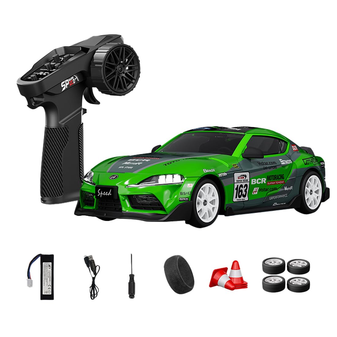 NULA 1:24 RC Drift Car, D24 RTR Full Proportional 4WD High Speed Remote Control Car with Gyro, Dual Drift Racing Tires, LED Light Effects for Adults- (S3 Green Finish / D24-01)