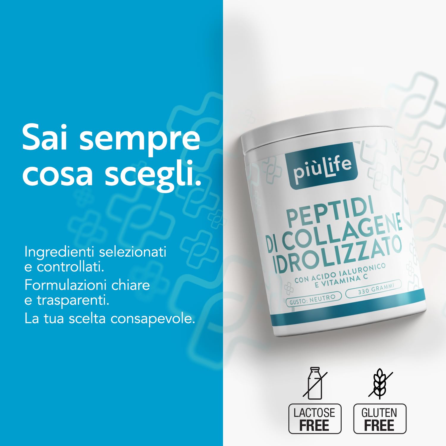 Peptidi di Collagene Idrolizzato in polvere Tipo 1 – 330g con acido ialuronico e vitamina C PiùLife – Integratore collagene bovino puro da bere – Per pelle, capelli, unghie e articolazioni