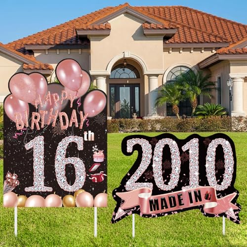 2Pcs Birthday Yard Signs Sweet 16 Party Decorations Happy 16 Birthdays Yard Sign Made in 2010 Lawn Signs Party Supplies With Stakes Weatherproof Outdoor Sixteen Years Old Decorations for Girls