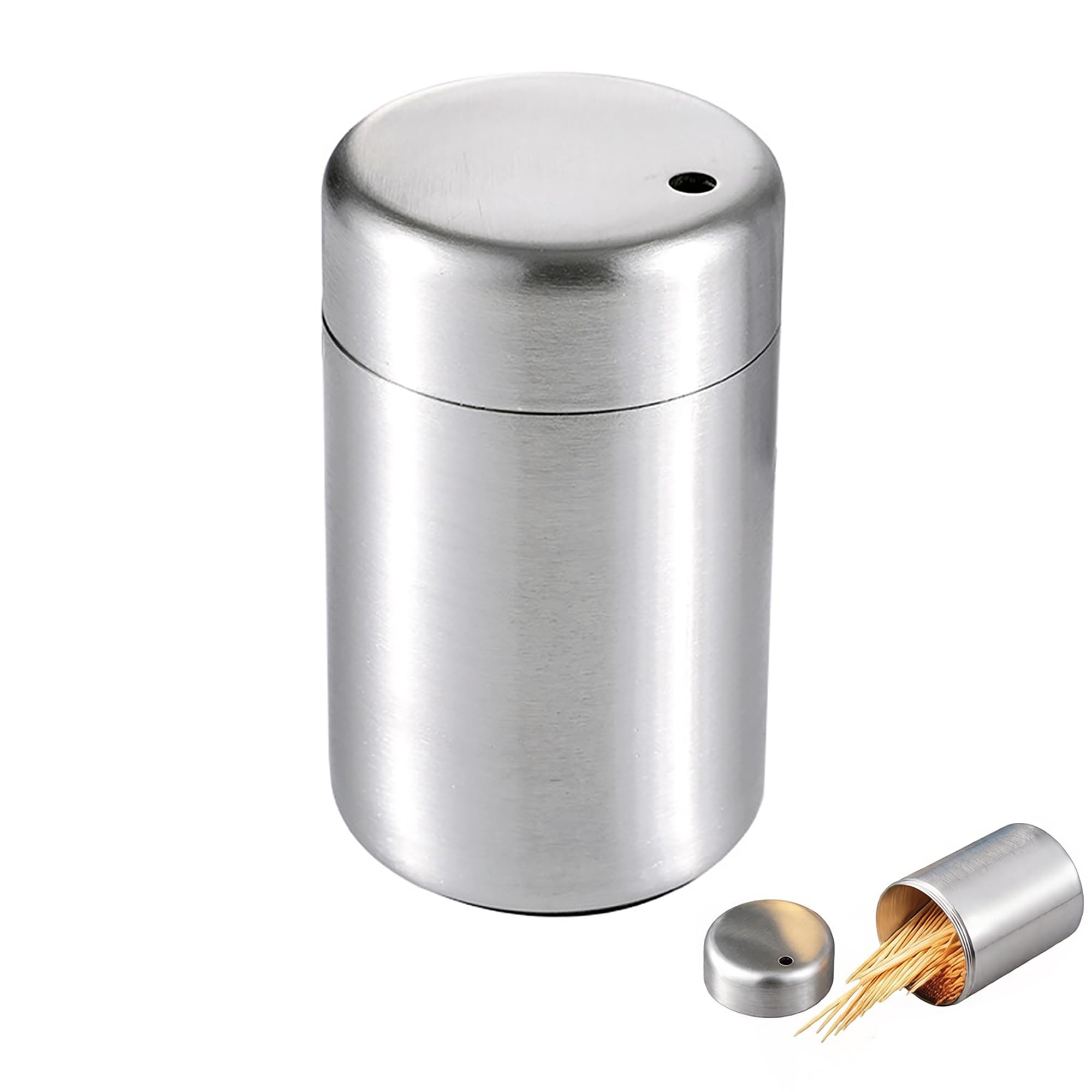Stainless Steel Toothpick Holder Dispenser with Screw-Cap, 380-Pack Bamboo Cocktail Picks | Toothpick Storage Container for Kitchen Restaurant Bar Tabletop