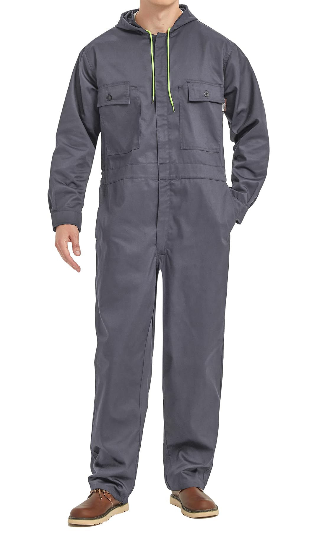 Yukirtiq Men's Grey Hooded Overall Work Wear Dungarees Coverall Polycotton Boiler Suit Hard Wearing Mechanics Boilersuit, M
